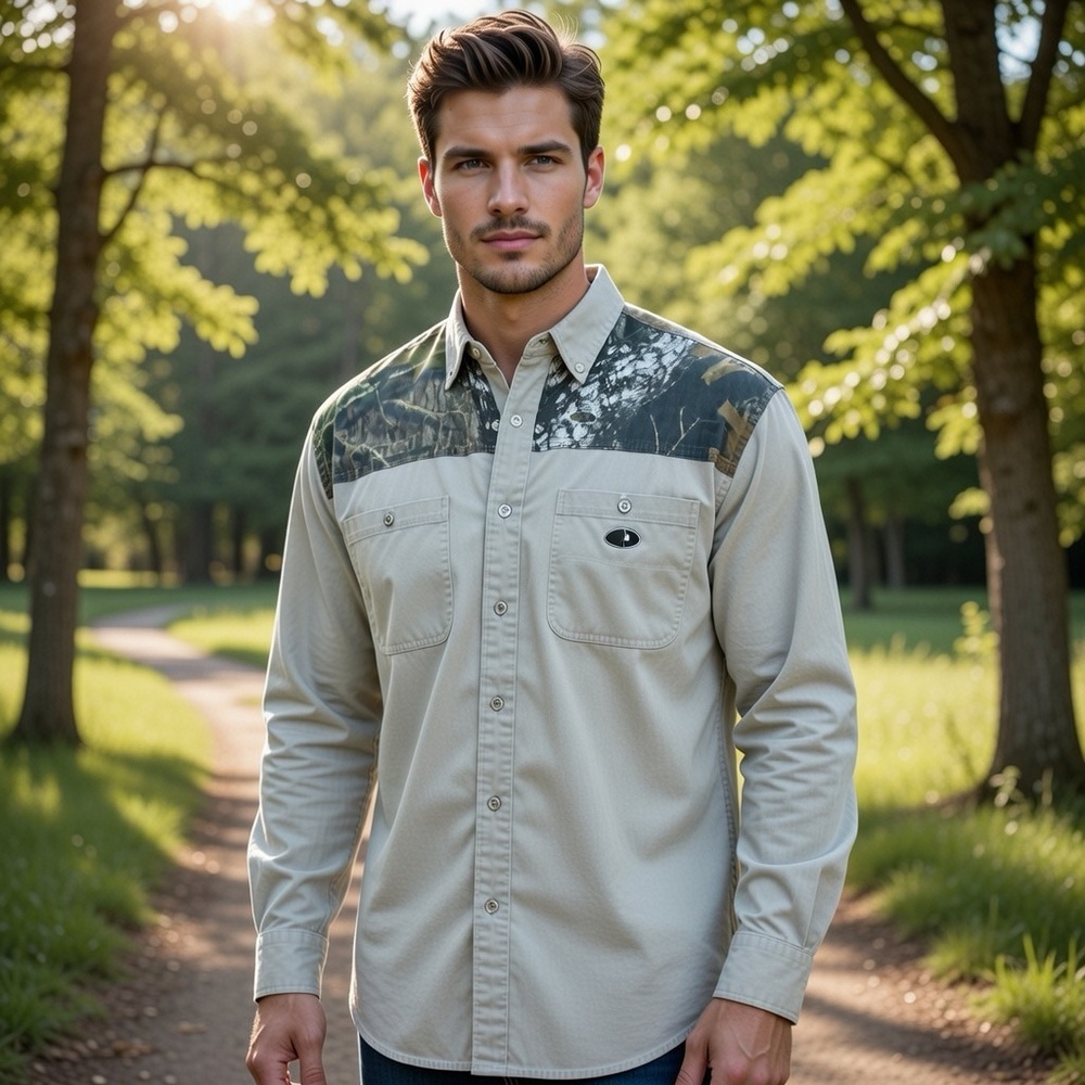 Mossy Oak Mens Long Sleeve Shooting Shirt Khaki Tan Camo Shoulder Accents 2XL
